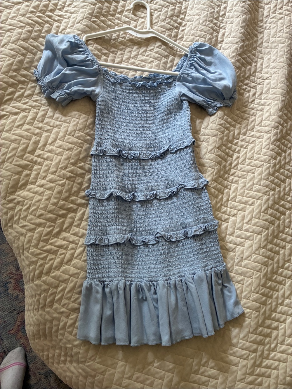 Light Blue Smocked Puff-Sleeve Tween Dress